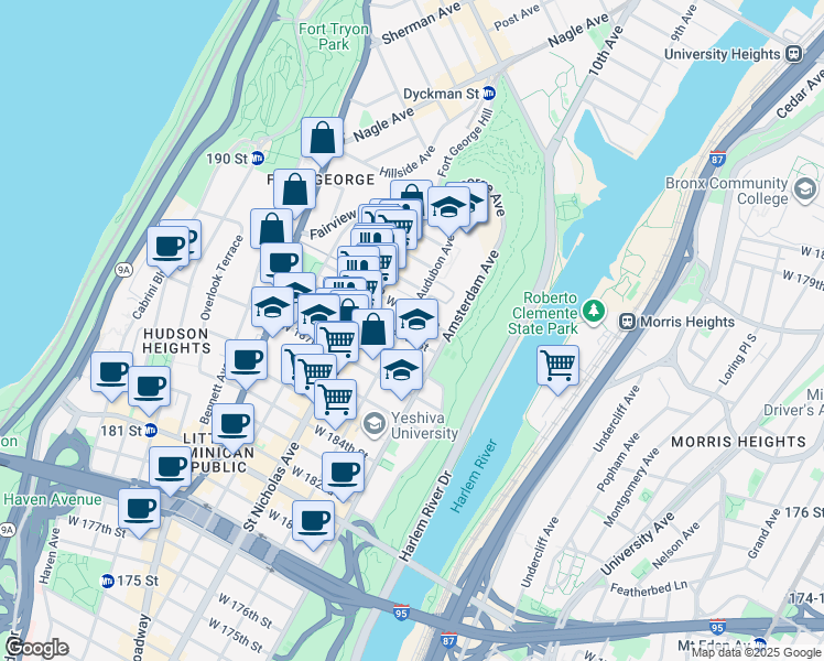 map of restaurants, bars, coffee shops, grocery stores, and more near 519 West 189th Street in New York