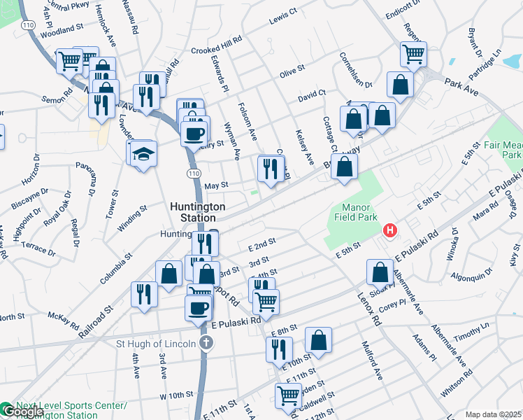 map of restaurants, bars, coffee shops, grocery stores, and more near 100 Broadway in Huntington Station