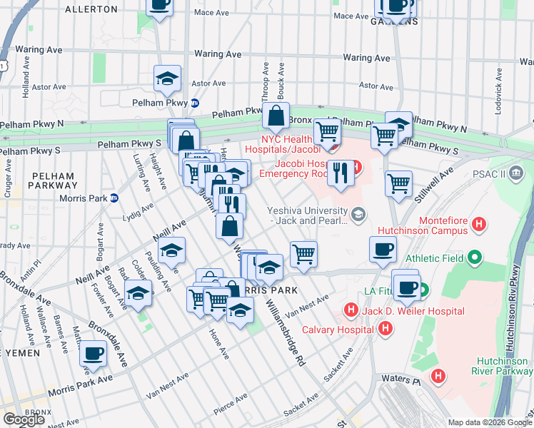 map of restaurants, bars, coffee shops, grocery stores, and more near 1919 Tenbroeck Avenue in Bronx