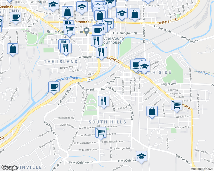 map of restaurants, bars, coffee shops, grocery stores, and more near 125 Brugh Avenue in Butler