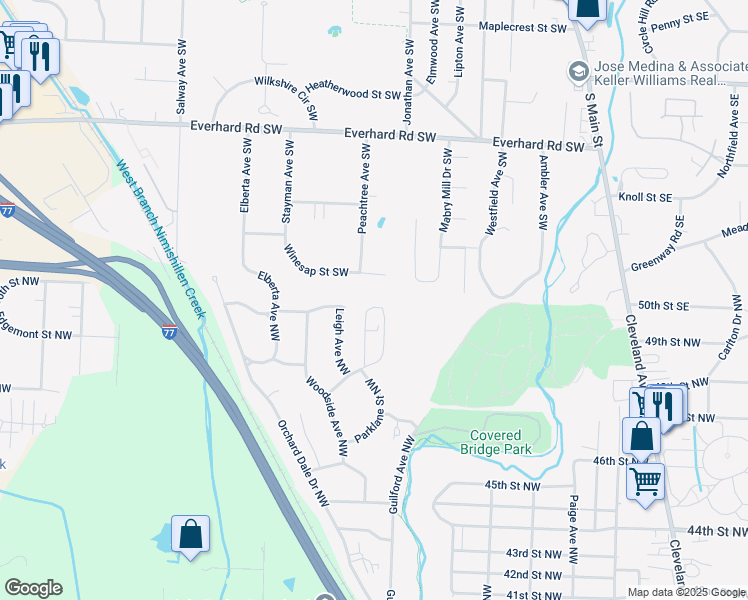 map of restaurants, bars, coffee shops, grocery stores, and more near 2906 Treeside Street Northwest in Canton