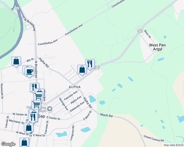 map of restaurants, bars, coffee shops, grocery stores, and more near 571 North Lehigh Avenue in Wind Gap