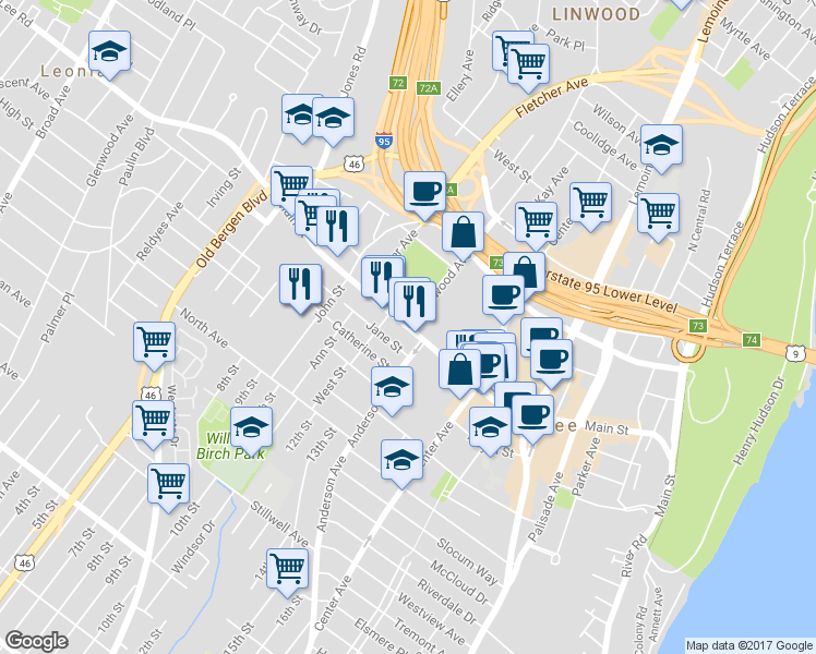 map of restaurants, bars, coffee shops, grocery stores, and more near Main St & Linwood Ave in Fort Lee