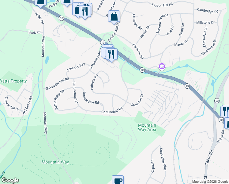 map of restaurants, bars, coffee shops, grocery stores, and more near 174 Patriots Road in Morris Plains