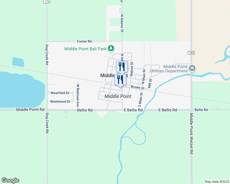 map of restaurants, bars, coffee shops, grocery stores, and more near 105 West South Street in Middle Point