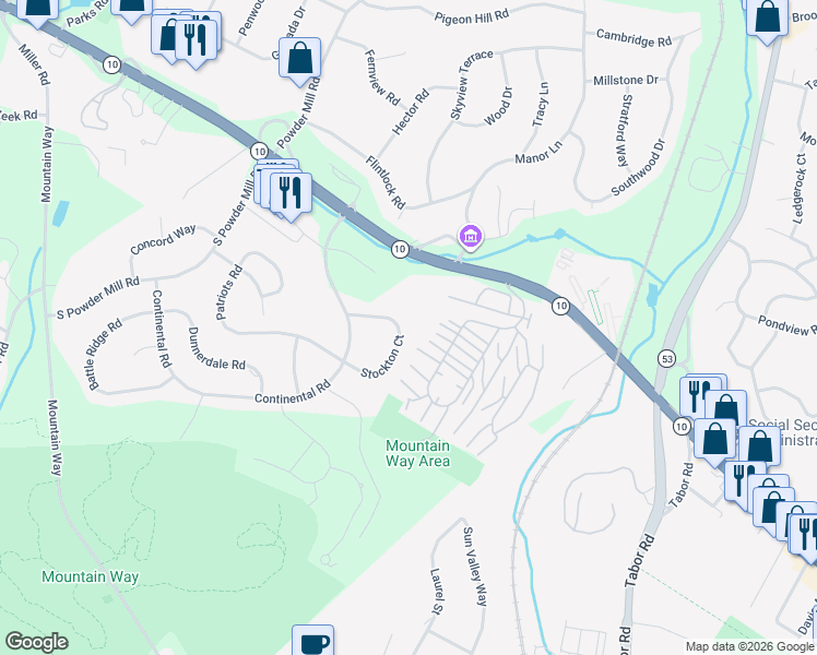 map of restaurants, bars, coffee shops, grocery stores, and more near 46 Stockton Court in Morris Plains