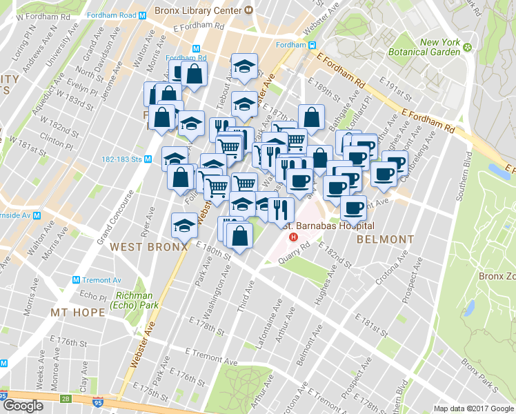 map of restaurants, bars, coffee shops, grocery stores, and more near 2185 Washington Avenue in Bronx