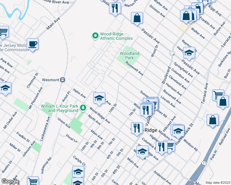 map of restaurants, bars, coffee shops, grocery stores, and more near 266 Windsor Road in Wood-Ridge