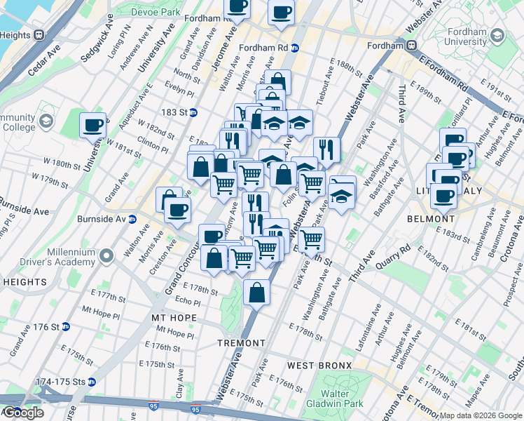 map of restaurants, bars, coffee shops, grocery stores, and more near 308 East 181st Street in Bronx