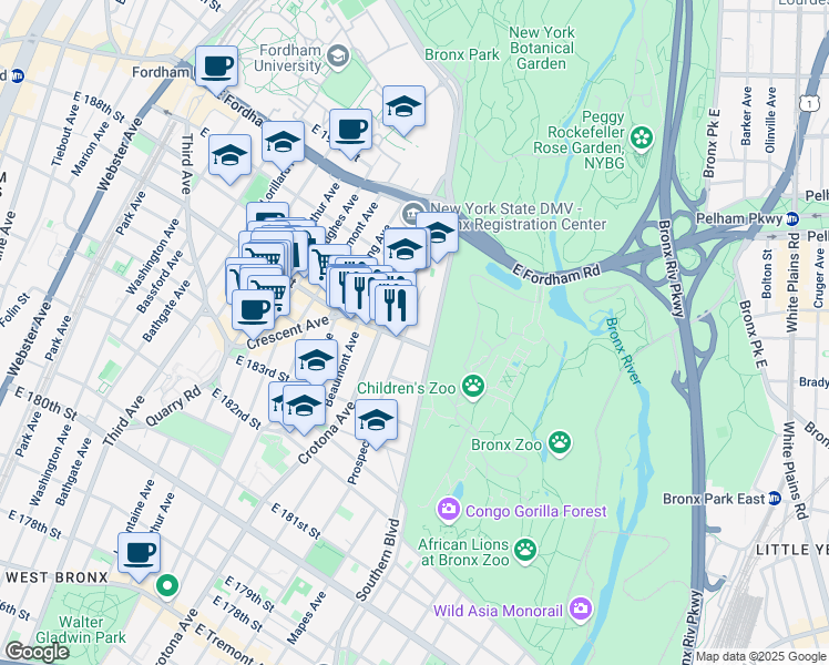 map of restaurants, bars, coffee shops, grocery stores, and more near 2408 Prospect Avenue in Bronx
