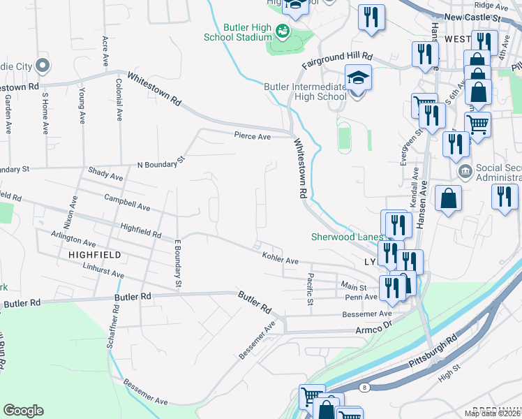 map of restaurants, bars, coffee shops, grocery stores, and more near 117 Rothen Avenue in Butler