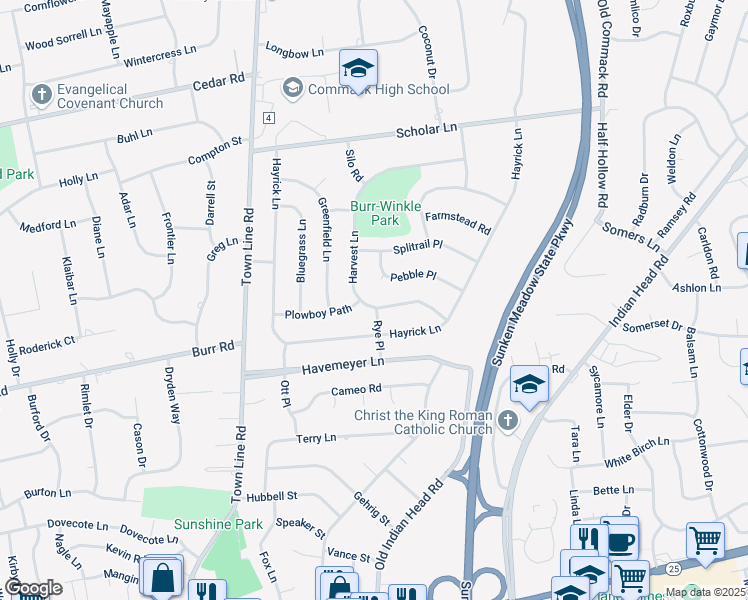 map of restaurants, bars, coffee shops, grocery stores, and more near 35 Harvest Lane in Commack