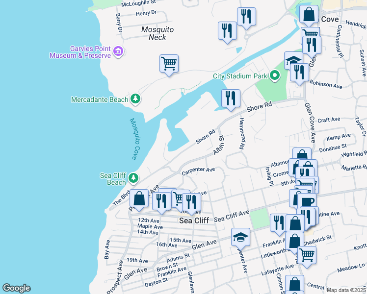 map of restaurants, bars, coffee shops, grocery stores, and more near 140 Shore Road in Glen Cove