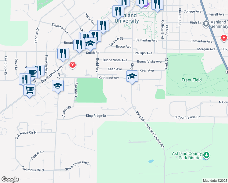 map of restaurants, bars, coffee shops, grocery stores, and more near 1440 King Road in Ashland