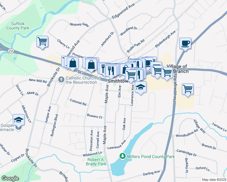 map of restaurants, bars, coffee shops, grocery stores, and more near Ma Bell Lane in Smithtown