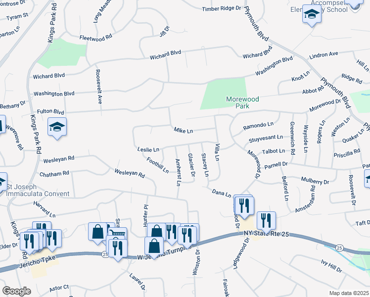 map of restaurants, bars, coffee shops, grocery stores, and more near 36 Glacier Drive in Smithtown
