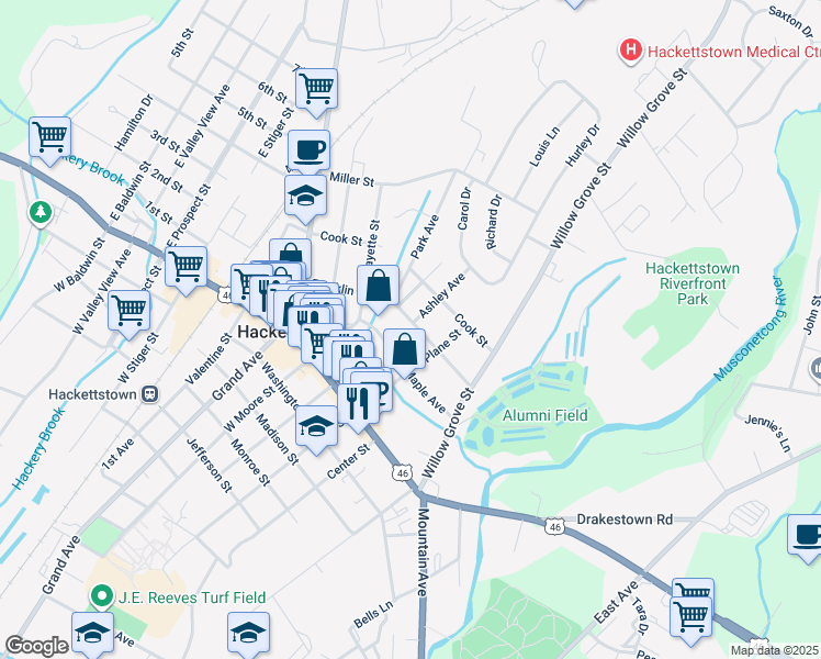map of restaurants, bars, coffee shops, grocery stores, and more near 220 Franklin Street in Hackettstown