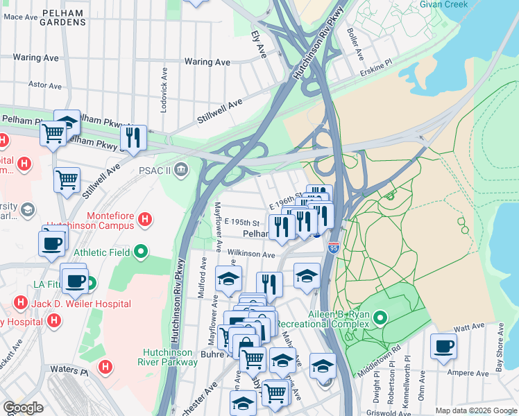 map of restaurants, bars, coffee shops, grocery stores, and more near 2901 East 196th Street in Bronx