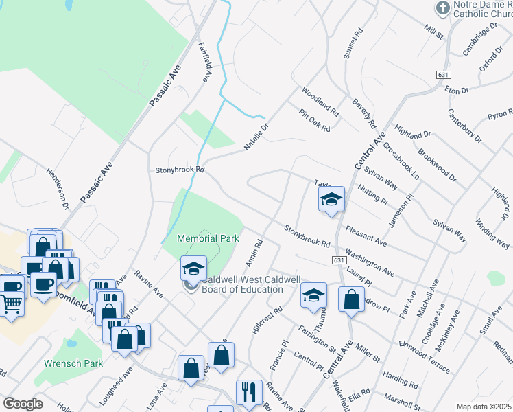 map of restaurants, bars, coffee shops, grocery stores, and more near 22 Stonybrook Road in West Caldwell
