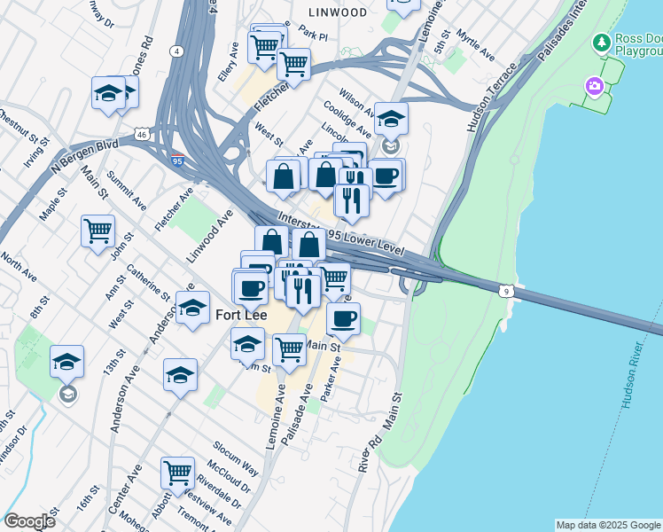 map of restaurants, bars, coffee shops, grocery stores, and more near in Fort Lee