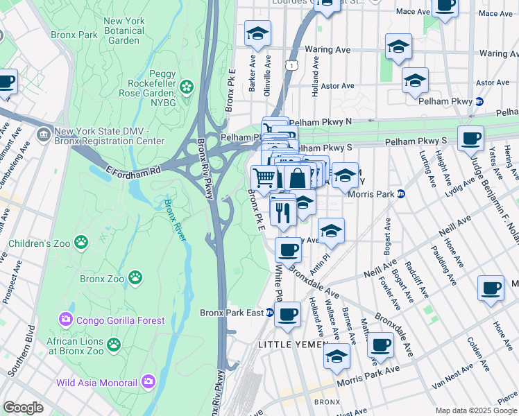 map of restaurants, bars, coffee shops, grocery stores, and more near in The Bronx