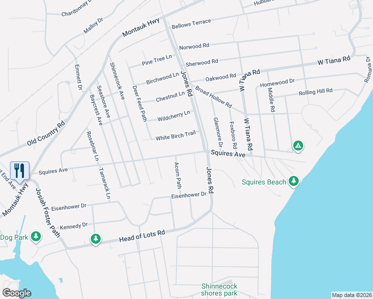 map of restaurants, bars, coffee shops, grocery stores, and more near 26 Squires Avenue in East Quogue