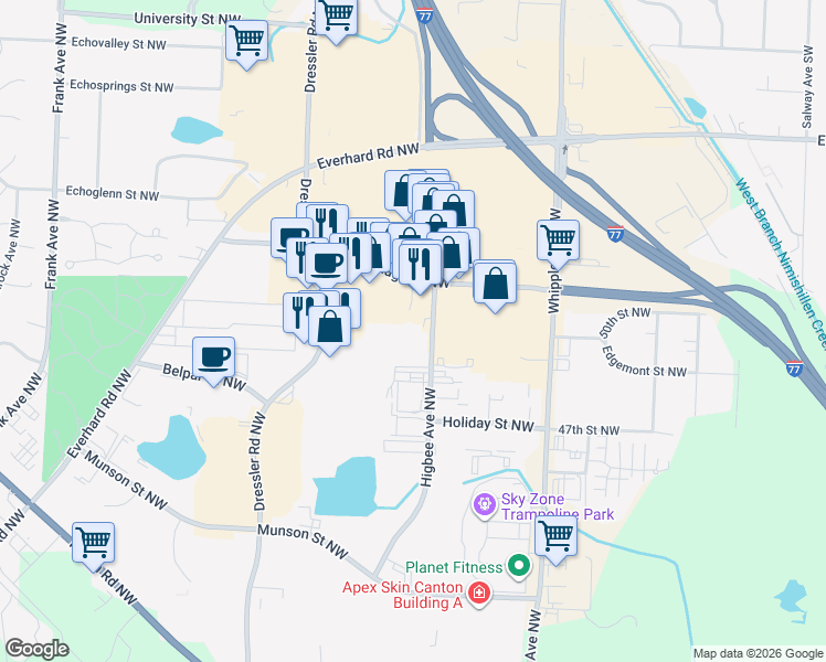 map of restaurants, bars, coffee shops, grocery stores, and more near 5005 Higbee Avenue Northwest in Canton