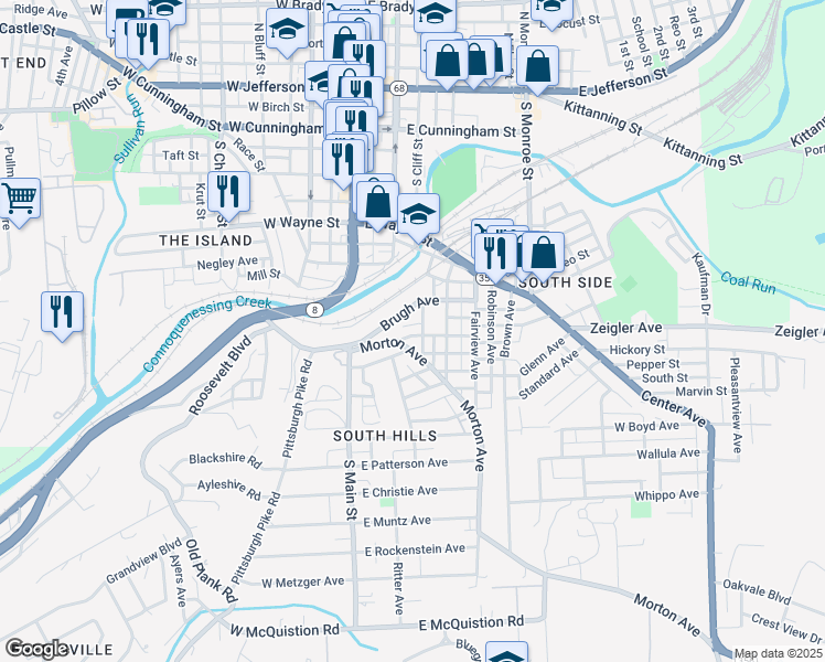 map of restaurants, bars, coffee shops, grocery stores, and more near 114 Mackey Avenue in Butler