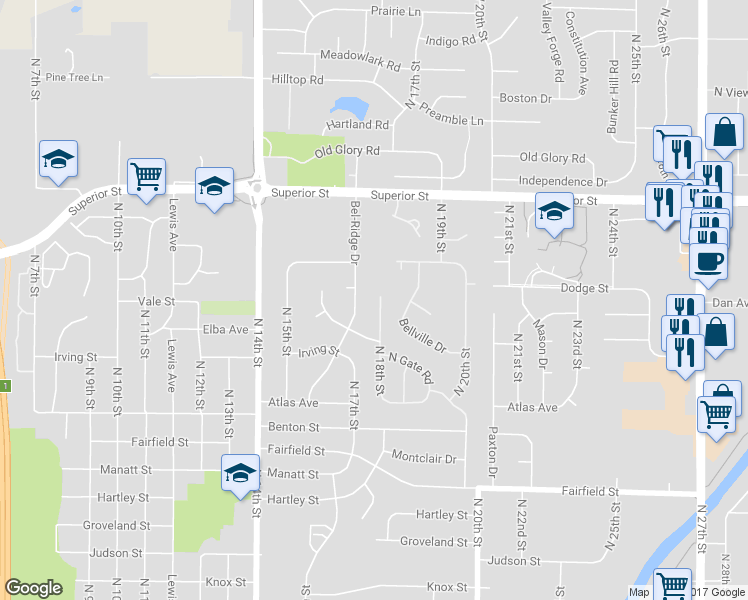 map of restaurants, bars, coffee shops, grocery stores, and more near 4271 North 18th Street in Lincoln