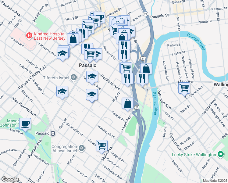 map of restaurants, bars, coffee shops, grocery stores, and more near 111 Paulison Avenue in Clifton