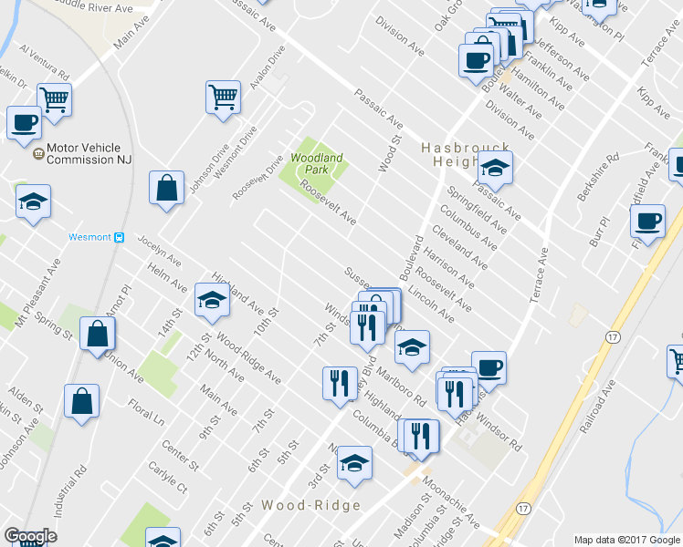 map of restaurants, bars, coffee shops, grocery stores, and more near 324 Sussex Road in Wood-Ridge