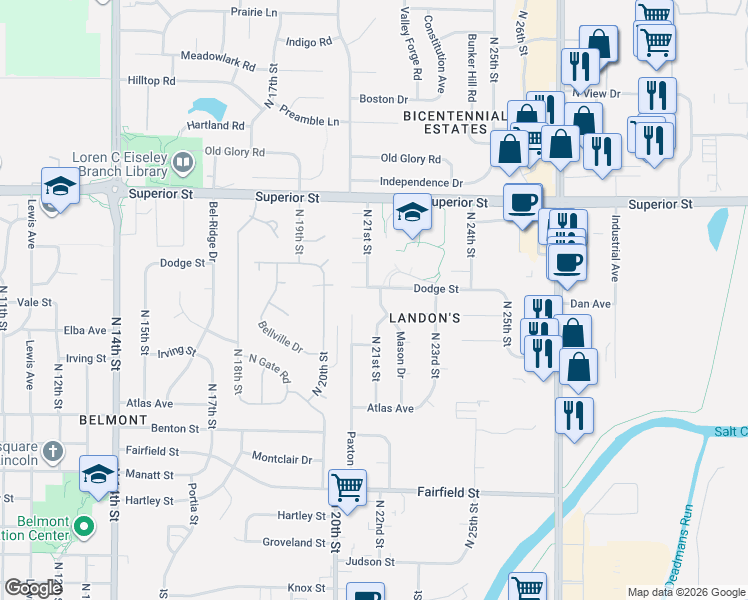 map of restaurants, bars, coffee shops, grocery stores, and more near 4221 Mason Drive in Lincoln