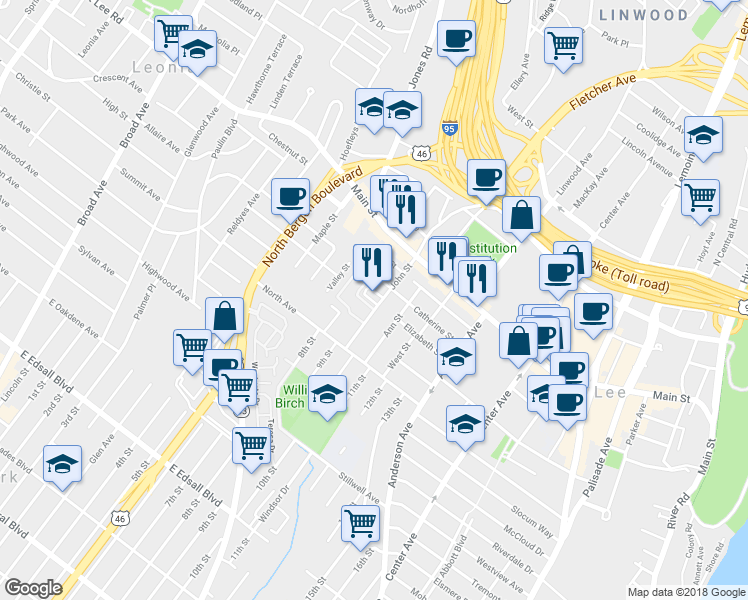 map of restaurants, bars, coffee shops, grocery stores, and more near 1581 John Street in Fort Lee