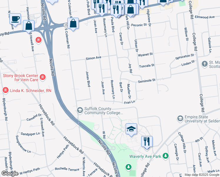map of restaurants, bars, coffee shops, grocery stores, and more near 104 Rosemary Lane in Centereach