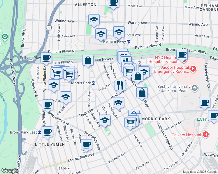 map of restaurants, bars, coffee shops, grocery stores, and more near 1050 Lydig Avenue in Bronx