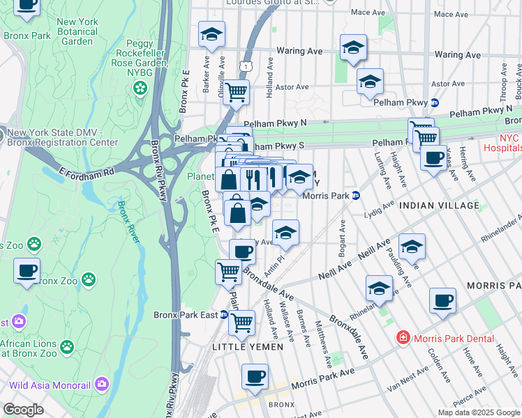 map of restaurants, bars, coffee shops, grocery stores, and more near 760 Lydig Avenue in The Bronx