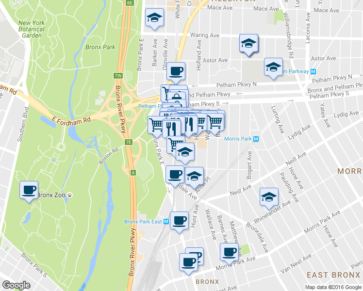 map of restaurants, bars, coffee shops, grocery stores, and more near 2122 White Plains Road in Bronx
