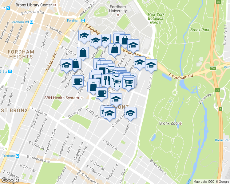 map of restaurants, bars, coffee shops, grocery stores, and more near in The Bronx