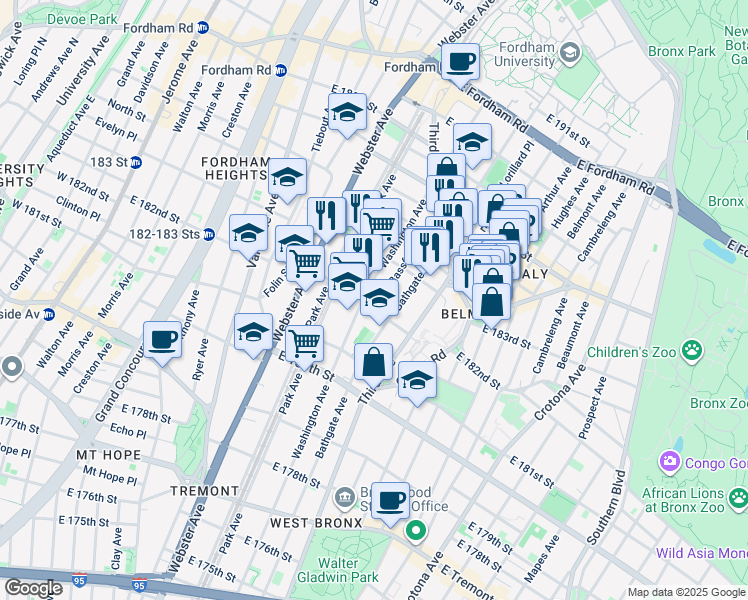 map of restaurants, bars, coffee shops, grocery stores, and more near 2248 Bassford Avenue in The Bronx