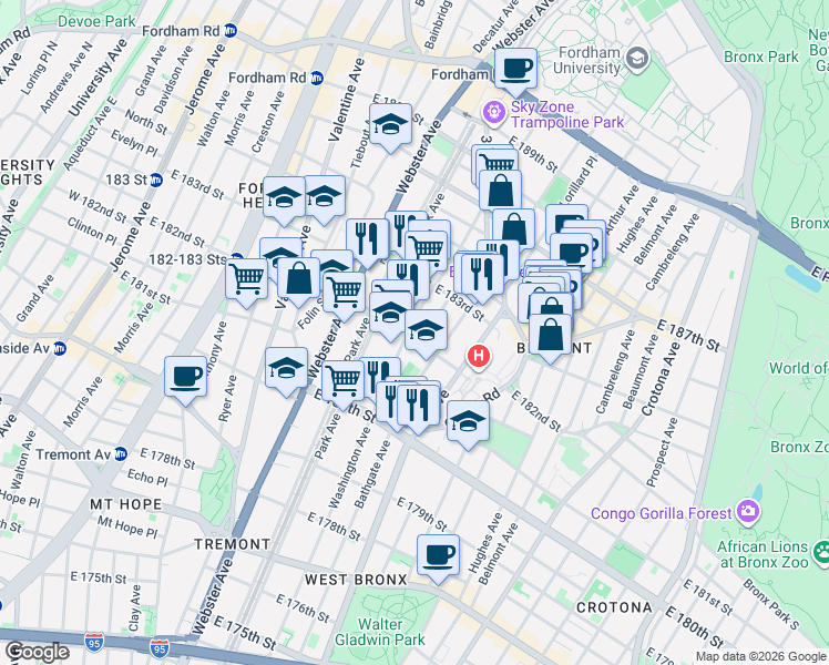map of restaurants, bars, coffee shops, grocery stores, and more near 2185 Washington Avenue in Bronx