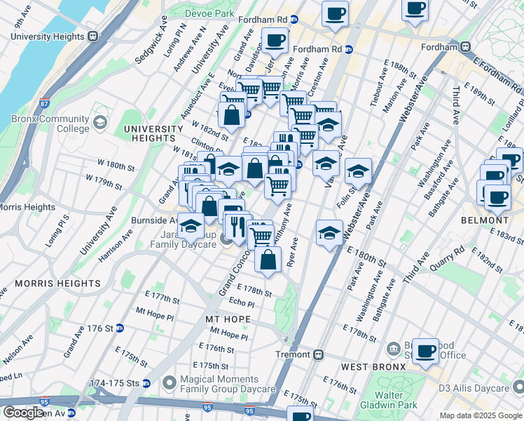map of restaurants, bars, coffee shops, grocery stores, and more near 2086 Creston Avenue in Bronx