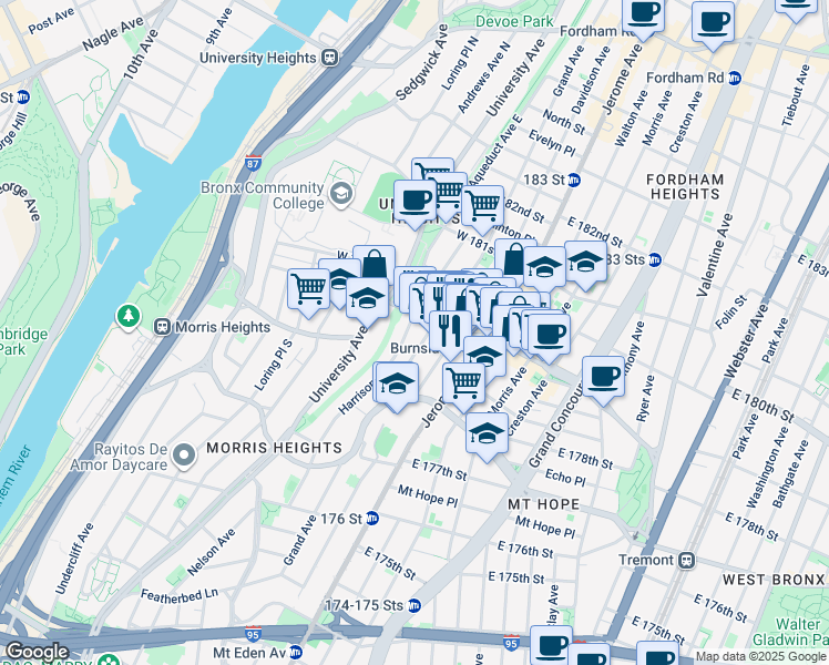 map of restaurants, bars, coffee shops, grocery stores, and more near 49 West Burnside Avenue in The Bronx
