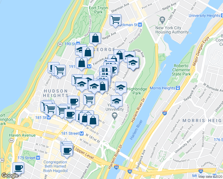 map of restaurants, bars, coffee shops, grocery stores, and more near 559 West 189th Street in New York