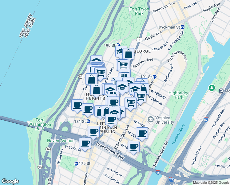 map of restaurants, bars, coffee shops, grocery stores, and more near 114 Bennett Avenue in New York