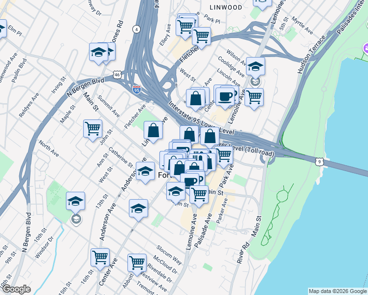 map of restaurants, bars, coffee shops, grocery stores, and more near in Fort Lee