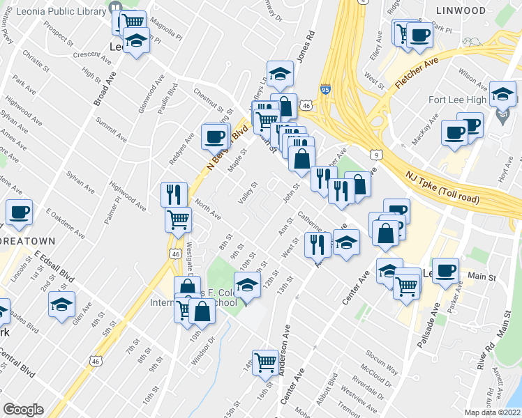map of restaurants, bars, coffee shops, grocery stores, and more near 1597 John Street in Fort Lee