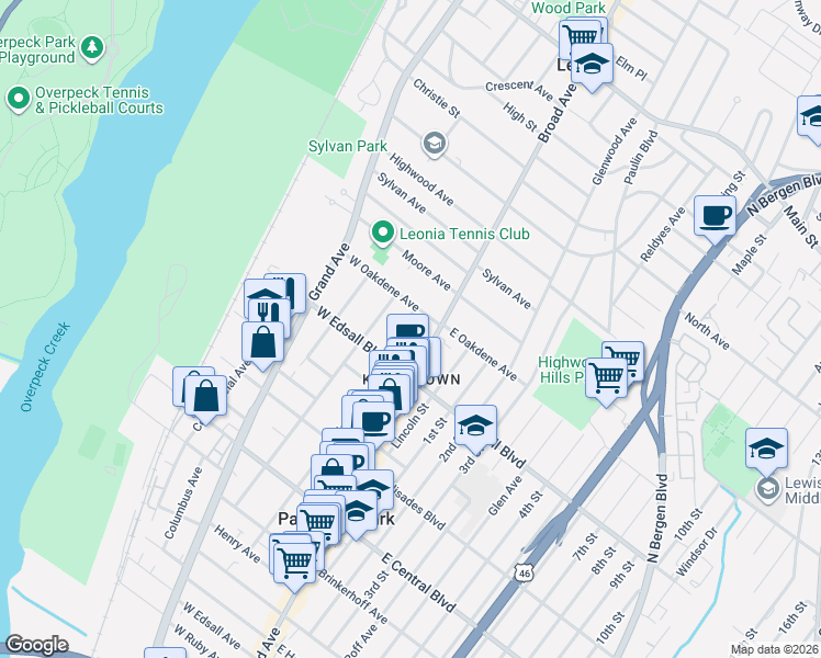 map of restaurants, bars, coffee shops, grocery stores, and more near 527b Orchard Avenue in Palisades Park
