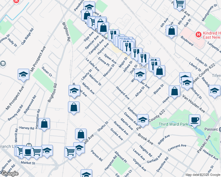 map of restaurants, bars, coffee shops, grocery stores, and more near 95 Howard Avenue in Clifton
