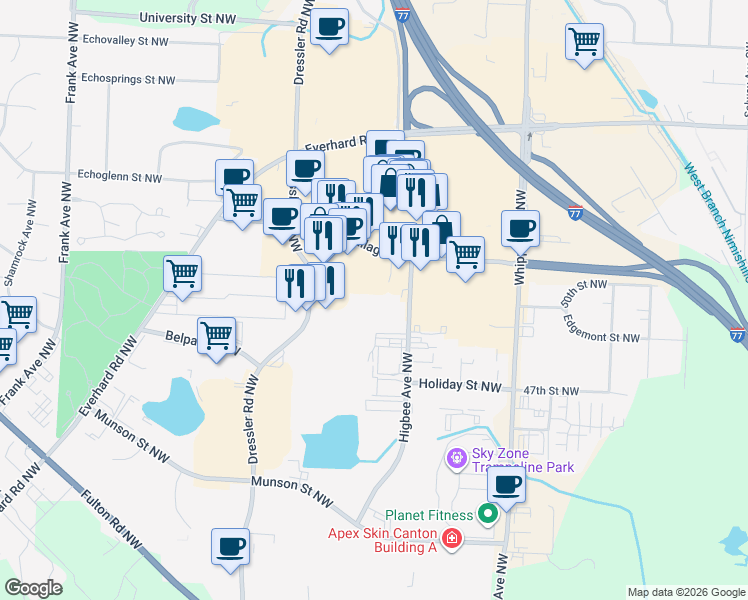 map of restaurants, bars, coffee shops, grocery stores, and more near 5005 Higbee Avenue Northwest in Canton