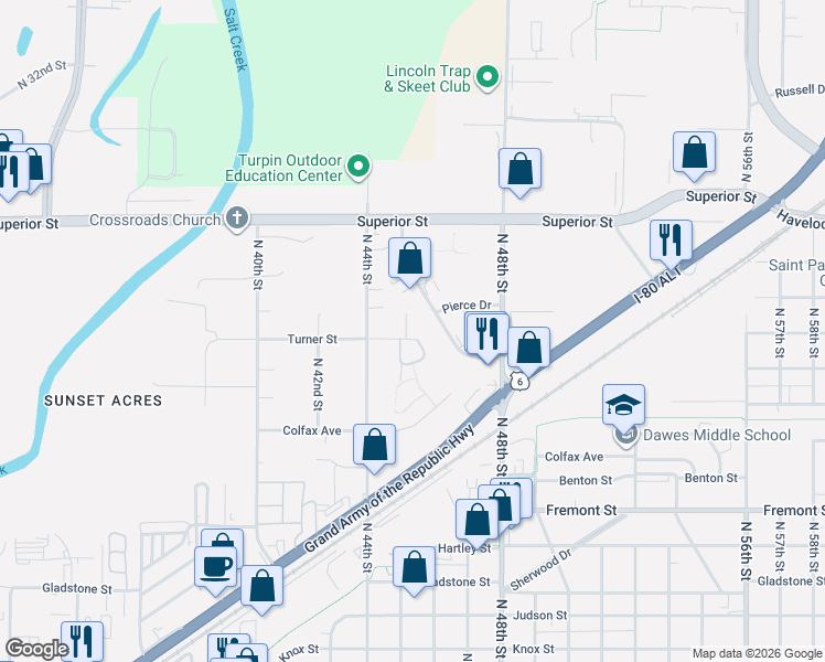 map of restaurants, bars, coffee shops, grocery stores, and more near 4118 North 45th Street Court in Lincoln